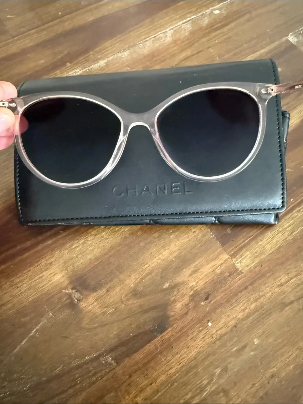 CHANEL Transparent Light Pink Round Sunglasses with Dark Lenses